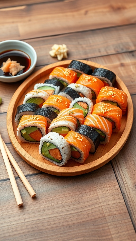 A beautiful assortment of hand-rolled sushi with salmon, avocado, and cucumber on a bamboo platter, served with soy sauce.
